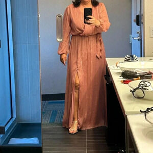 Premier Amour pink maxi dress metallic gold thread long balloon sleeve Size 14